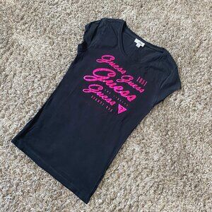 GUESS Y2K Shiny Magenta Logo Tee Embellished Shirt in Black Size S